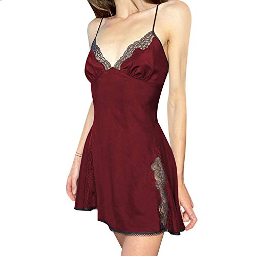 Womens Sexy Bodycon Lace Patchwork Spaghetti Strap V Neck Camisole Dresses Y2K Mini Club Dress (Lace Wine red, M)