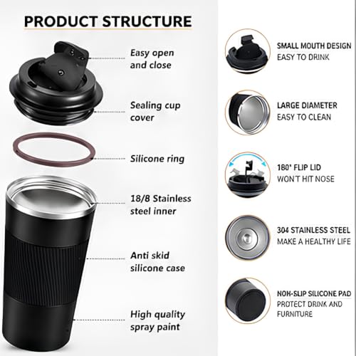 Image of Travel Coffee Mug | Stainless Steel Coffee Mug with Leakproof Lid | Thermal Coffee Cup for Hot & Cold Drinks | Spill Proof Reusable Travel Mug for Office, Car, Home & Travel (Black) - 510 ML