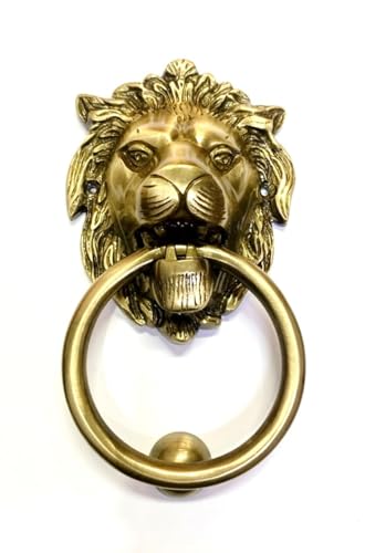 Image of Brass Lion Door Knocker (Lion Face Design) 7.5 inch x 4 inch | Door Knocker for Main Door, Hotel Door, Main Gates | Heavy Duty Brass Lion Door Knocker with Screws (Golden (Pack of 1)) (Large)