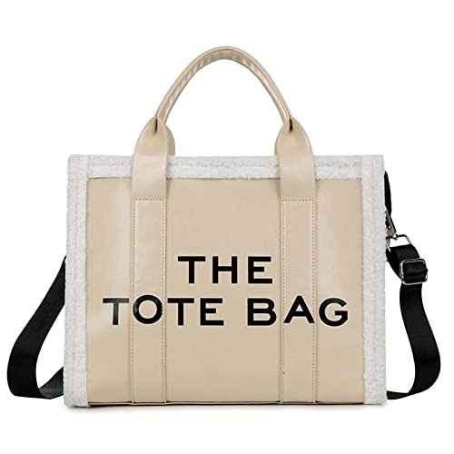 Gvqng Tragetasche für Frauen, Umhängetaschen Einkaufstasche mit Reißverschluss, PU-Lammwolle Tragetasche, Weiche Mode Wollspleiß Handtasche, für Reisearbeiten,Beige,33 * 16 * 27cm Cover