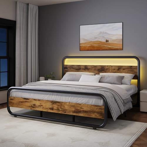 Image of King Size Bed Frame, Wood Headboard and Footboard, LED Lights, Rustic Brown