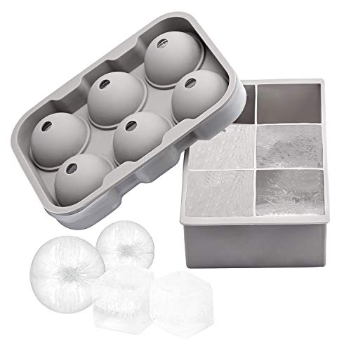 Silicone Ice Cube Trays Set of 2, Gifbera Sphere Ice Ball Maker with Lid and Large Square Ice Cube Mold for Whiskey, Cocktails, Drinks - BPA Free, Easy Release, Reusable