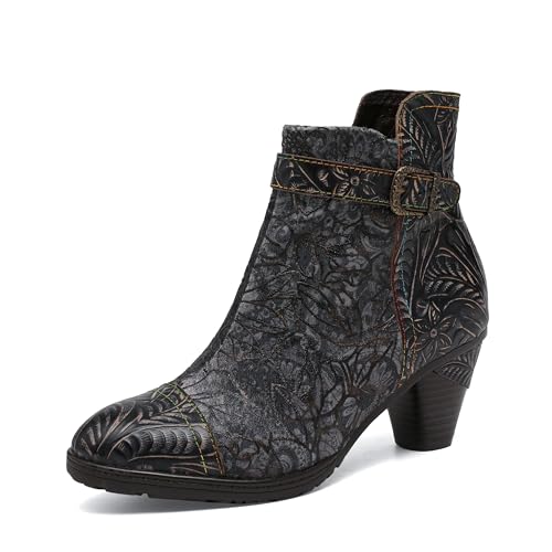 CrazycatZ Womens Leather Ankle Boots, Vintage Block Heels Floral Bohemian Bootie2
