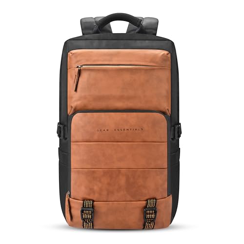 Image of Gear Double Decker 31L Large Water Resistant Faux Leather Anti-Theft 5 Compartment Backpack /Laptop Bag /Office Bag for Men /Women (Navy-Tan)