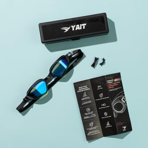 Image of AquaElite Ultra Wide Mirrored Swimming Goggles for Men & Women| Lab tested by Experts | Dual Anti Fog Tech with UV Protection 600 | Polycarbonate Lens with Adjustable Silicone Strap - Black Blue