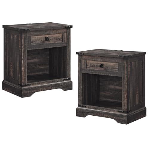 T4TREAM 24″ Farmhouse Nightstand with Charging Station Set of 2, Large End Table with Drawer and Open Storage Cabinet, Rustic Wood Bedside Table Sofa Table for Bedroom, Dark Rustic Oak