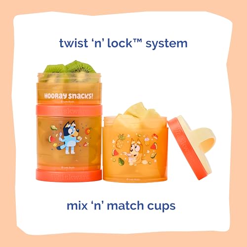 Image of Whiskware Bluey Stackable Snack Containers for Babies, Toddlers, and Kids, 3 Stackable Snack Cups for School and Travel, Cupholder Friendly, Bluey and Bingo! Hooray Snacks!