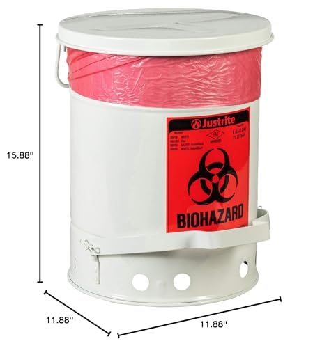 Image of Justrite 05915 SoundGuard Steel Biohazard Waste Container with Foot Operated Cover, 6 Gallon Capacity, 11-7 /8 inch OD x 15-7 /8 inch Height, White