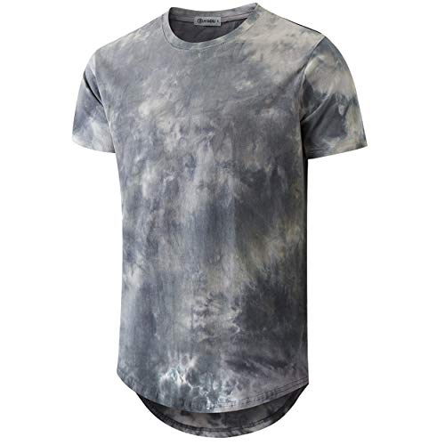 KLIEGOU Mens Hip Hop Tie-Dyed Hipster Curve Hem T Shirt 38ZR(Gray L)