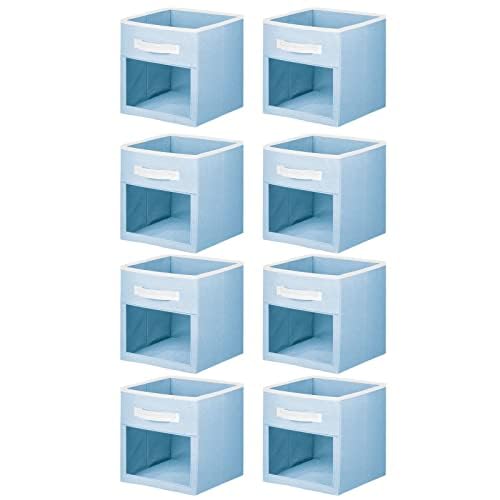 mDesign Fabric Nursery/Playroom Closet Storage Organizer Bin Box, Front Handle/Window for Cube Furniture Shelving Units, Hold Toys, Clothes, Diapers, Bibs, Jane Collection, 8 Pack - Light Blue/White