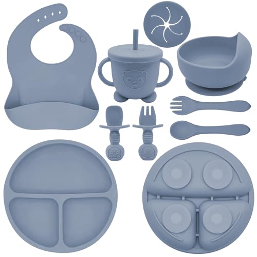 Image of Munlinder Silicone Baby Feeding Set | Baby Led Weaning Supplies Includes Suction Bowls and Divided Plates, Adjustable Bib, Baby Utensils Spoons and Forks,Cup | Baby Feeding Essentials (Blue Gray)