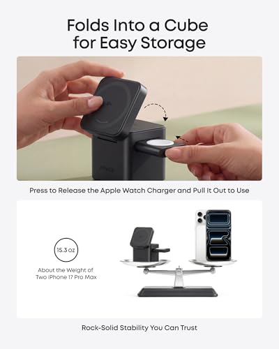 Image of Anker 3-in-1 Cube Wireless Charger, Qi2 MagSafe-Compatible Charging Station, 15W Foldable Fast Charging Stand for iPhone 17 /16, Apple Watch, AirPods (Adapter Included, Non-Battery)