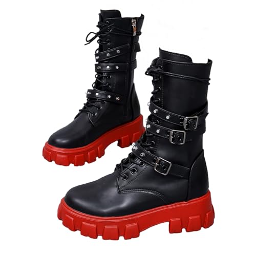 ZKXYFFS Women's Goth Ankle Booties Chunky High Heel Mid Calf Boots Side Zip Combat Lace Up Punk Rivet Motorcycle Platform Boots