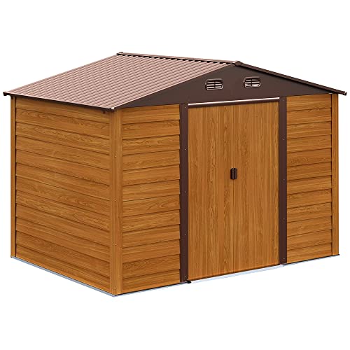 Outsunny Cobertizo de Jardín Exterior 4,84 m² Caseta de Jardín Exterior Metálica con 2 Puertas Deslizantes y 4 Ventanas para Almacenaje de Herramientas 278x195x215 cm Madera Natural