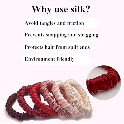 Image of VLOMOT 6 Pcs Set 100% Pure Mulberry Silk Scrunchies Hair Ties with 6 Chic Colors Everyday Skinny Scrunchies Silk Ponytail Holders Hair Care No Damage (Red)