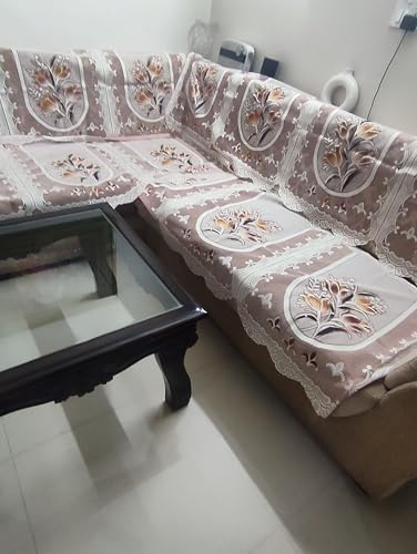 Image of Fab Nation Cotton L Shape Sofa Covers for 5 Seater Sofa Set | Sofa Slipcovers for 3 + 2 Seaters Cover Set | Floral Brown
