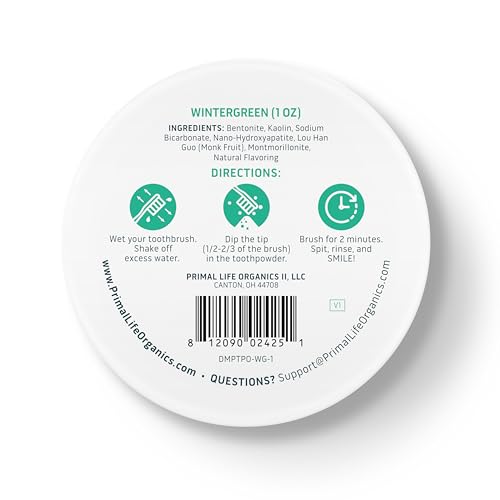 Image of Primal Life Organics - Dirty Mouth Toothpowder, Tooth Cleaning Powder, Flavored Essential Oils with Natural Kaolin & Bentonite Clay, Good for 200+ Brushings, Organic, Vegan (Wintergreen, 1 oz)