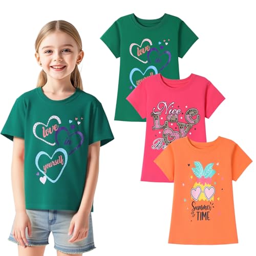 HILEELANG Girl T-Shirts Short Sleeve Graphic Tees Cotton Casual Summer Tops Shirts 3 Packs