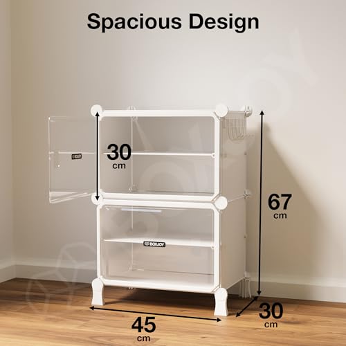 Image of BOXJOY 4 Shelf White Shoe Rack for Home with 2 Transparent Doors, Hard PET Plastic with Metal Door Frame, Shoe Chappal Slipper Sandals Stand
