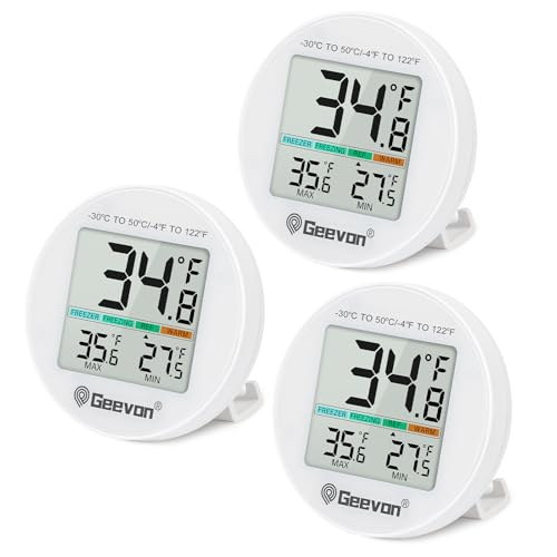 Geevon Small Digital Refrigerator Thermometer 3 Pack, IP65 Waterproof Commercial and Home Use, Max/Min Record Function with LCD Screen, Stand and Magnetic Back, for Fridge, Freezer Scenarios