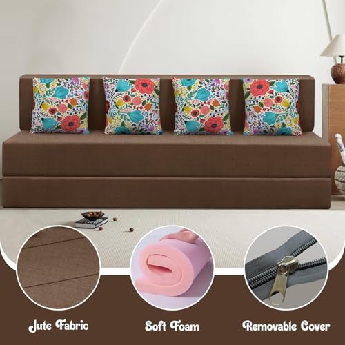 Image of Rosebell 4 Seater Sofa Cum Bed, Foldable Sofa Bed 6 X 6 Feet, Jute Fabric- Washable Cover- with 4 Cushion Perfect for Home & Office - Brown-Color
