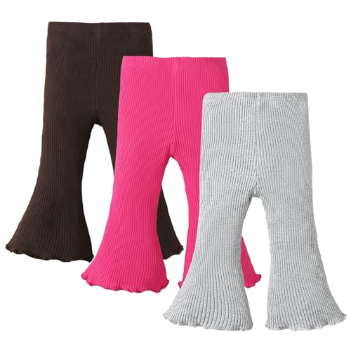 Image of SOBOWO Baby Girl Flare Pants 3 Pack Toddler Solid Ribbed Ruffle Bell Bottoms Pants Trousers Fall Outfits