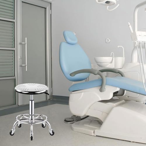 Rolling-StoolHeavy-Duty-Stainless-Steel-Stool-for-Work-Bench-Adjustable-Swivel-Stool-Medical-On-5-Wheels304-Stainless-Steel-Structure-lab-Stool-Round-CushionLoad-Bearing-445-Ib