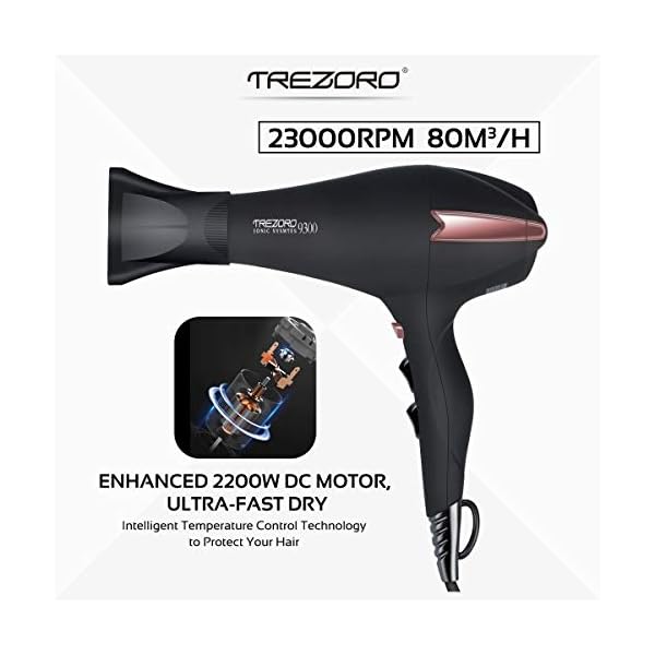 Professional-Ionic-Salon-Hair-Dryer-Powerful-2200-watt-Ceramic-Tourmaline-Blow-Dryer-Pro-Ion-Quiet-Hairdryer-with-2-Concentrator-Nozzle-Attachments-Best-Soft-Touch-Body-Black-Rose-Gold Professional 2200W Ionic Salon Hair Dryer - Professional Blow Dryer - Lightweight Travel Hairdryer for Normal & Curly Hair Includes Volume Styling Nozzle