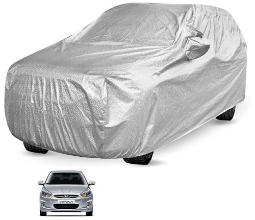 Image of Auto Hub Car Cover Compatible with Hyundai Verna Old (Model : 2010-2016) with Mirror Pocket and Soft Cotton Lining,Waterproof Verna Car Cover, Metallic Silver