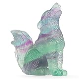 LEADGEM 2' Crystal Wolf Statue Decor Rainbow Fluorite Crystal Big Tail Wolf Figurine Healing Stones Statue Carved Wolve Sculpture Ornaments Wolves Figure with Gift Box