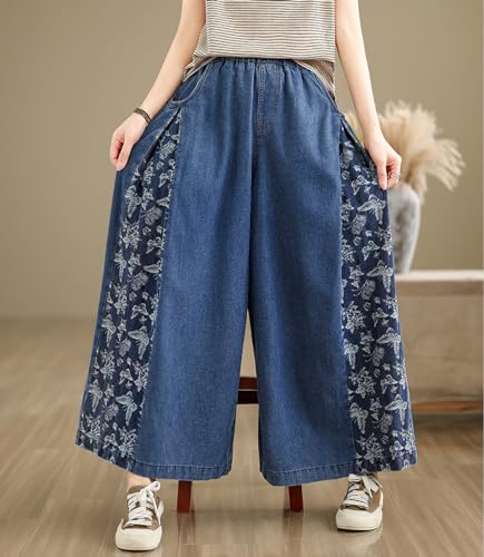 chouyatou Women's Casual Wide Leg Denim Pants Baggy Culotte Jeans Butterfly Print Loose Trousers4
