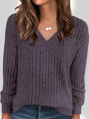 Blusa feminina de manga comprida com gola V, suéter de malha slim...