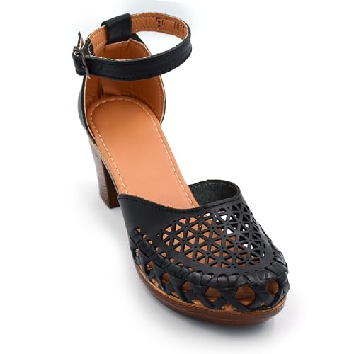 Colores De Mexico Mx Mexican Leather Shoes With Embroidered Flowers, With Ankle Strap And Heels For Women cover