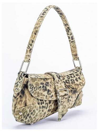 QWINEE Women's Y2K Leopard Print Shoulder Bag Denim Handbags Retro Cheetah Purses Top Handle Buckle Clutch Underarm Bag2