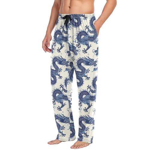 Men’s Chinese Dragon Pattern Pajama Pants with Pockets, Comfortable Lounge Sleep Bottoms#434