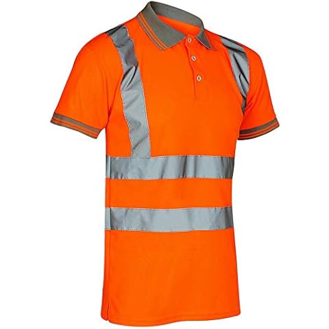 Stylo Online Hi Viz Vis High Visibility Polo Shirt Reflective Tape Safety Security Work Button T-Shirt Breathable Lightweight Double Tape Workwear Top (Orange Short Sleeve, M) Cover