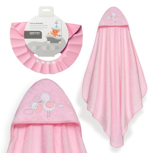 Interbaby - Capa de Baño Bebé + Gorro Ajustable | Toalla con Capucha 100% Algodón, Unisex | Suave, Secado Rápido | Ideal para Recién Nacidos, Bebes y Niños Pequeños | Diseño Cigüeña Oso