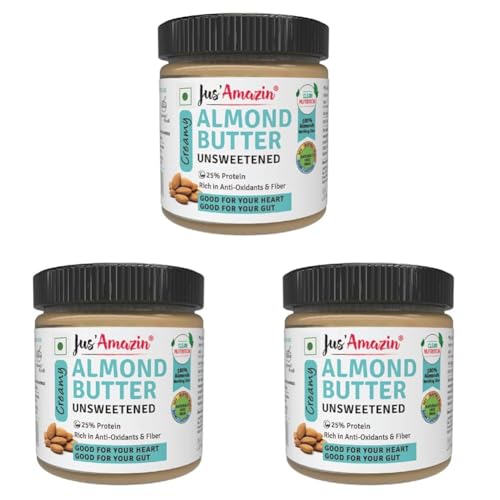 Image of Jus' Amazin Creamy Almond Butter - Unsweetened (200 g) | 25% Protein | Only Pure Whole Almonds | Zero Additives /Chemicals | Plant Based, Dairy Free, Keto | Clean Nutrition, 0% Chemicals. (Pack of 3)