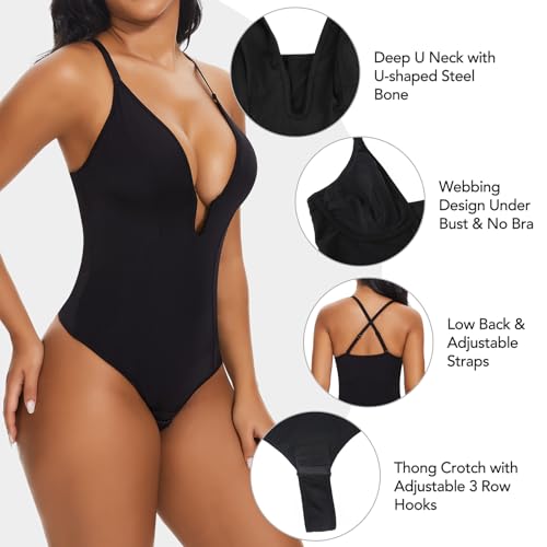 SHAPERIN Women's U Plunge Bodysuit Low Back Double Lined Tummy Control Shapewear Deep V Thong Body Suits3