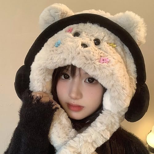 Plush hat,Lovely Panda Hat Warm Earflap Brimless Female Teens Winter Activity Ski with Headphones Ear Protective2