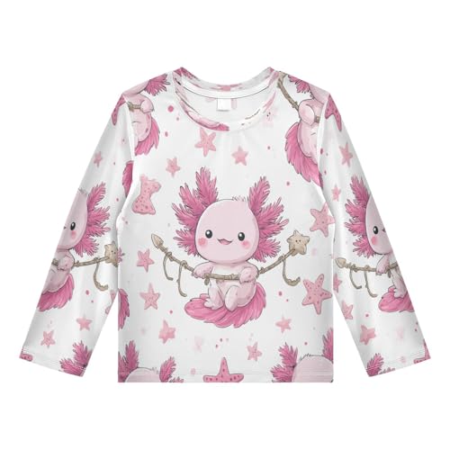 Cute Axolotl with Starfish Kawaii Boys Rash Guard Long Sleeve UPF 50+ Boys Swim Shirt Quick Dry Shirt for 3-12 Years