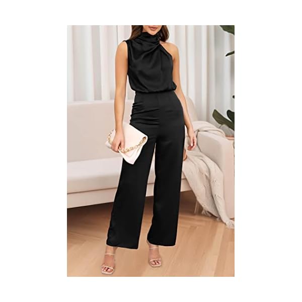 PRETTYGARDEN Women's Satin Jumpsuits 2023 Summer One Piece Outfits Mock Neck Sleeveless Wide Leg Pants Rompers (Black,Large)
