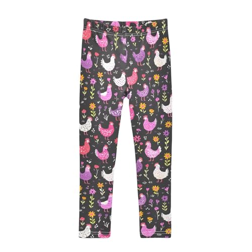 Pink Purple Chicken Flower Girls Leggings Soft Stretch Workout Yoga Dance Pants for Kids Casual Tights