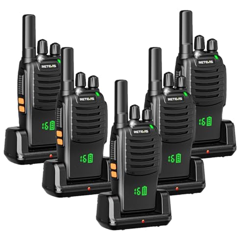 H777H Walkie Talkie con Schermo PMR446 Radio Bidirezionale USB-C Allarme di Emergenza Torcia Elettrica VOX Professionali per Vendita al Dettaglio Nero 5 Pezzi
