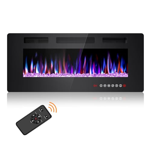Joy Pebble 42 Inch Electric Fireplace Inserts, in-Wall Recessed and Wall Mounted 750/1500W Fireplace Heater, Touch Screen, Remote Control with Timer, Adjustable Flame Color and Speed