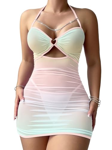 Image of Foxiny Sexy Chain Sheer Mesh Ruched Bodycon Mini Lingerie Dress with Thong 2 Piece Set Outfits