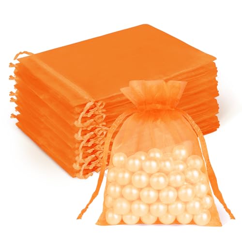 Image of Crweety 50 Pcs Orange Organza Bags 3x4 Inch, Small Gift Bags Bulk for Jewelry Candy Soap Makeup Sachet, Cute Mini Mesh Gift Bag Drawstring for Wedding Baby Shower Birthday Party Favors & Graduation