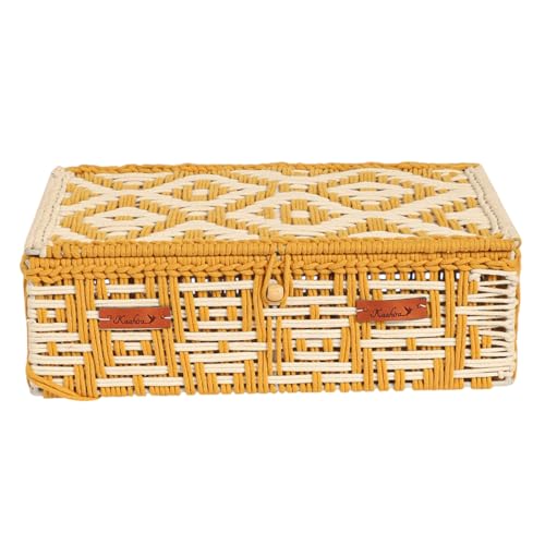 Image of Kaahira Handmade Decorative Storage Box and Organiser | Macrame Gift Hamper Box for Cosmetics, Toiletries & Return Gifts | Aesthetic Rope Woven Organizer (Yellow and White, Large - 14x10x4 inches)
