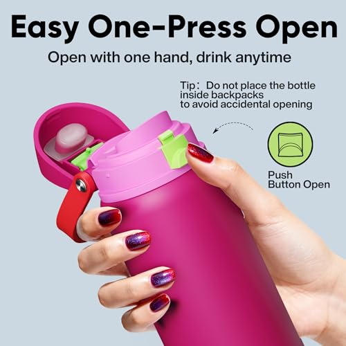 Image of Insulated Water Bottle with Straw - Encool Stainless Steel Water Bottle with Push Button Lid, Leak-Proof & BPA-Free, Keeps Cold for 24 Hours for Sports, Travel, Gym (32 oz, Cerise Pink)