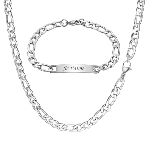 XUANPAI Bracelet Collier Personnalisé Chaîne Gourmette - Chaîne Figaro 1+3 Homme Collier et Bracelet Acier Inoxydable Argenté Bijoux Homme Cadeau pour...
